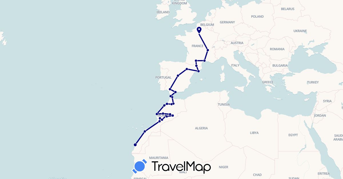 TravelMap itinerary: driving in Andorra, Spain, France, Morocco (Africa, Europe)